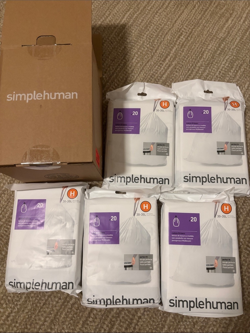 simplehuman White Trash Can Liners - H Size, Pack of 5 (20-count each)